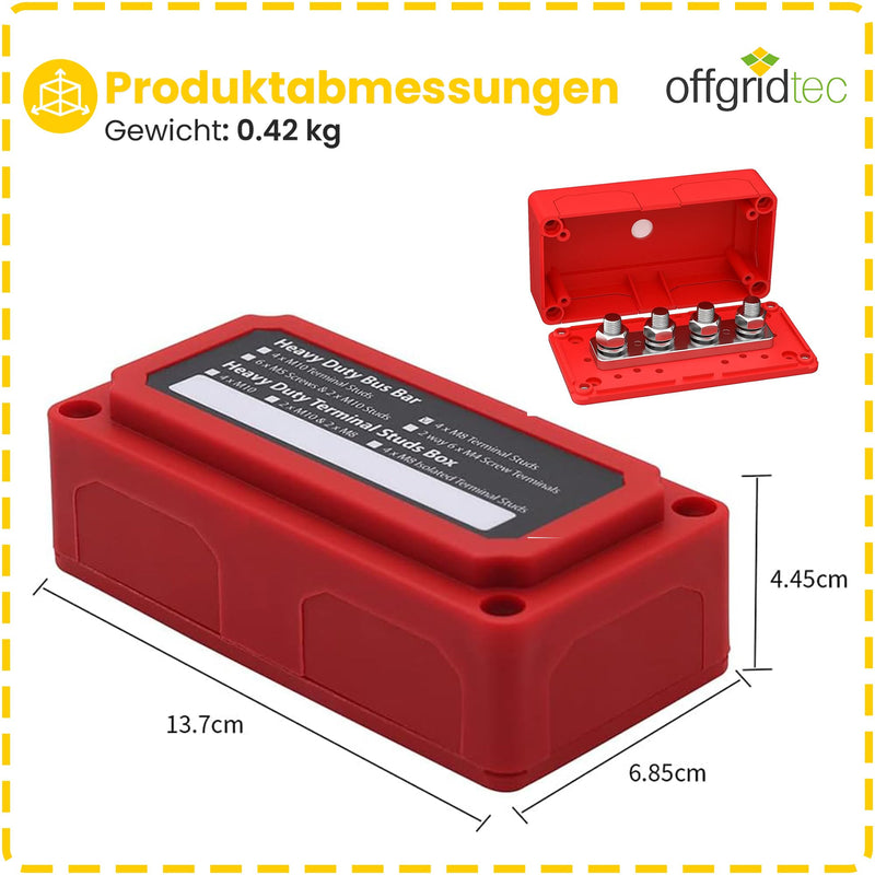 Offgridtec BusBar Box Red 4 x M8 Connection Bolts Including Cover and Mounting Screws Busbar Box 4 x M8 mit Abdeckung Rot