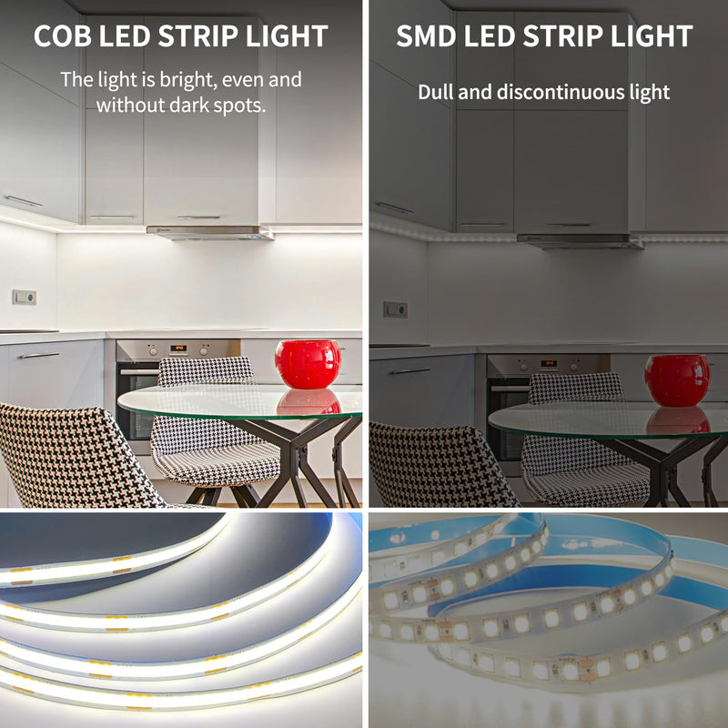 COB LED Strip Lights 50ft,6000K DC 24V Dimmable White Flexible LED Rope Lights for Bedroom,with Remote and app Control LED Lights strip for Living Room, Shelf, Cabinet