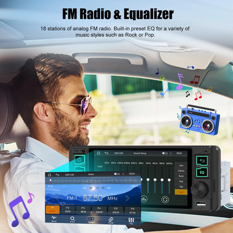 Single Din Car Stereo with Wireless Apple Carplay Android Auto, 5.1" InCell Touchscreen Car Radio with Bluetooth 5.2 Handsfree Mirror Link 1 Din Head Unit with FM/Type-C/USB/EQ/Microphone 5.1-In Incell Screen