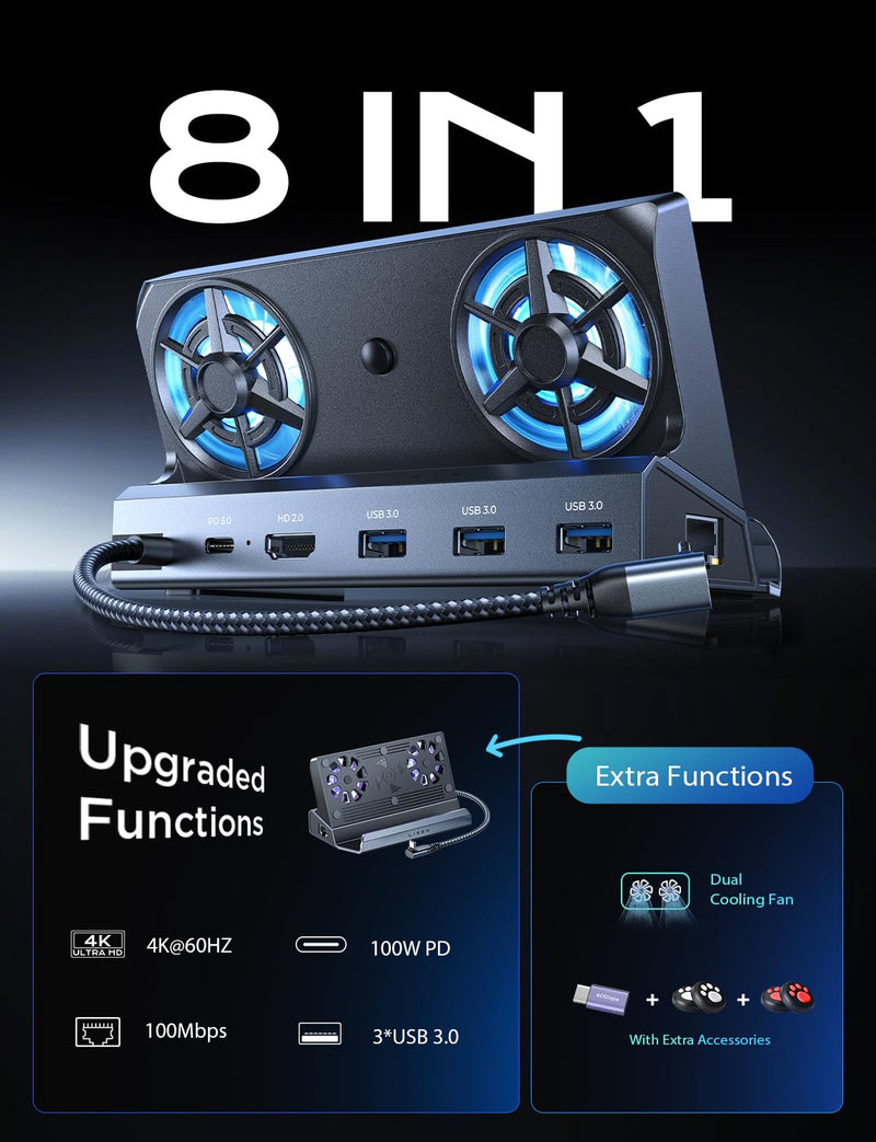 LISEN 8 IN 1 Docking Station for Steam Deck OLED & ROG Ally & Legion Go, Dual Cooling Fan, HDMI 2.0 4K@60Hz, USB 3.0*3, PD100W Support ROG Ally Turbo 30W and Ethernet Compatible with Steam Deck OLED