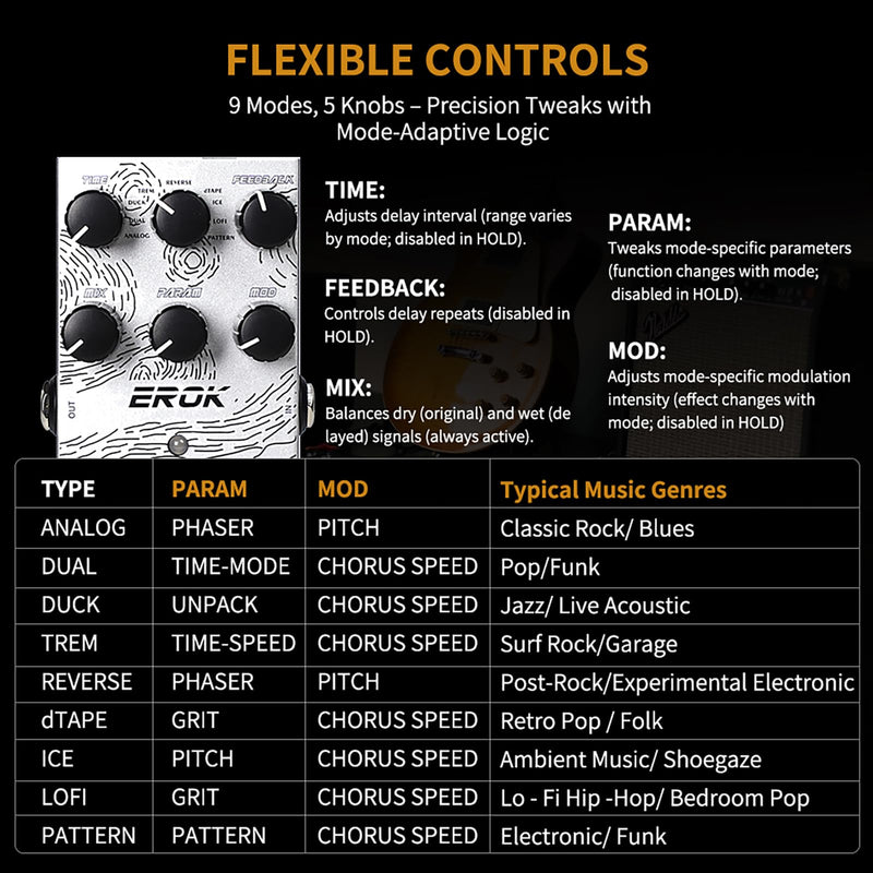 [AUSTRALIA] - EROK Digital Delay Guitar Pedal - 9 Modes (Analog/Reverse/dTAPE/Ice) with TAP Tempo & FREEZE, Max 3000ms Delay | Fits Blues/Rock/Jazz/Post - Rock 