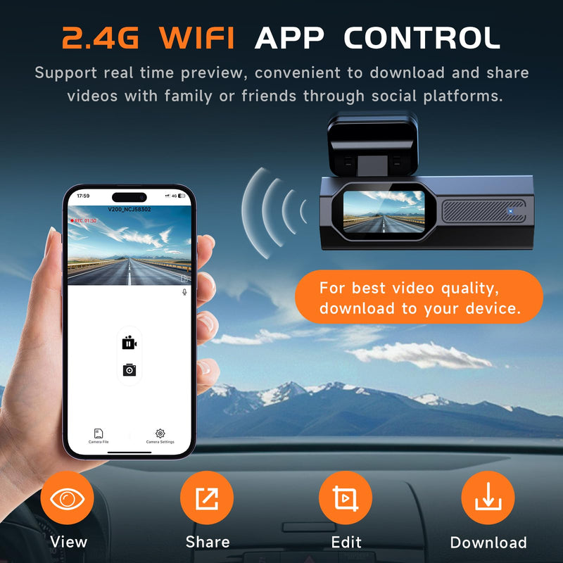 Dash Cam, 2.5K Dash Cam Front, VEEMENT Dash Camera for Cars, 1440P Car Dash Camera with APP, WiFi Dash Cams with WDR Night Vision, 24/7 Parking Monitor Dashcam, 160°Wide, G-Sensor, Mini Car Camera Black