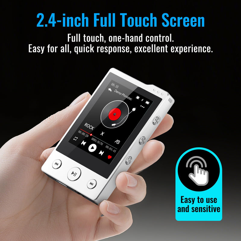 [AUSTRALIA] - 64GB MP3 Player with Sturdy Build & Durable,Aluminum Alloy,Phinistec Portable Mini Bluetooth Music Player with FM Radios,50 Hours Long Battery Life,2.4" Touchscreen,Up to 256GB 
