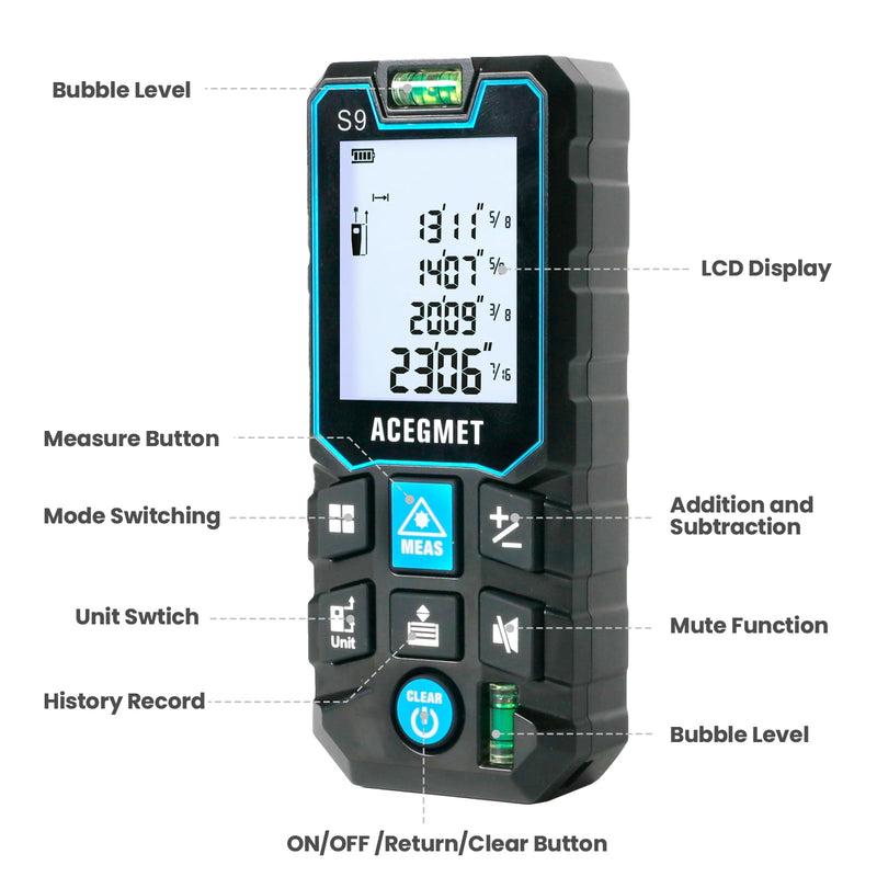 [AUSTRALIA] - ACEGMET Laser Measure, 393ft/120m Laser Measurement Tool, Laser Measuring Tool with 2 Bubble Levels, LCD Backlit Display, IP54 Waterproof, Pythagorean Mode for Distance, Area, Volume 