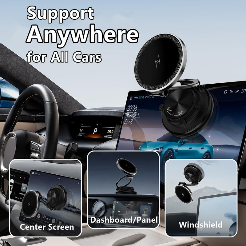 Ultra-Thin Magnetic Wireless Car Charger for Magsafe Car Mount | 15W Fast Charging, 120LBS Strong Suction Cup,3000gf Magnet, LED Light, 360° Vacuum Magnetic Phone Holder for iPhone & Android
