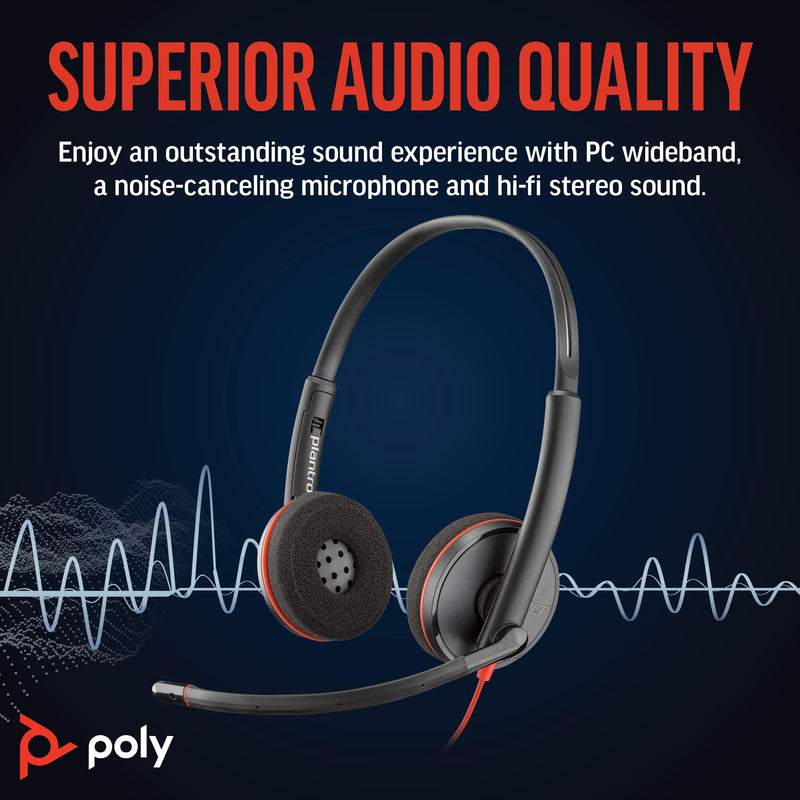 [AUSTRALIA] - Poly Blackwire 3220 Wired Headset with Mic, Hi-Fi Stereo Sound, Noise-Canceling Mic, Stereo Design, Connect to PC via USB-C & USB-A Adapter, Over-Ear Design, Works with Virtual Meeting Platforms One size 2023 Version (USB-C & USB-A) 