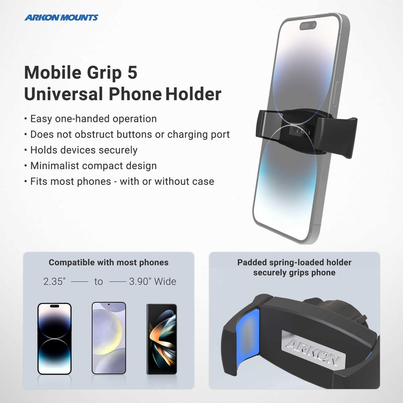 ARKON Mounts Mobile Grip 5 Phone Holder with Clamp Mount | Secure Spring-Loaded Holder | Clamp Phone Mount for Strollers, Treadmills, Bike | Compatible with iPhone, Samsung, & More
