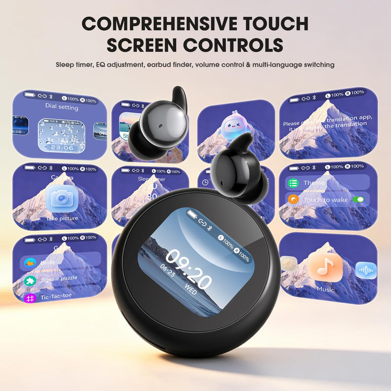 NE90 Wireless Sleep Earbuds for Side Sleepers – Smart Touchscreen Case with Built-in White Noise & AI Translation 164 Languages, Comfort Invisible Design, Sleep Timer Black