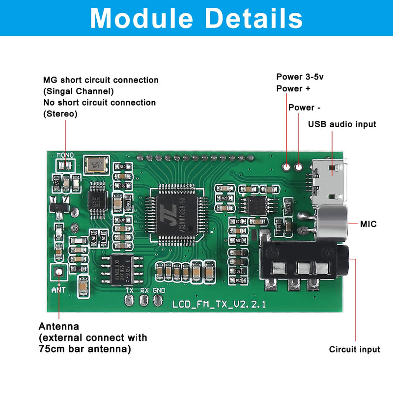 [AUSTRALIA] - 2PCS DC 3V-5V FM Transmitter Module DSP PLL 87-108MHz Stereo Digital Wireless Microphone Board Multi-Function Frequency Modulation with LCD Display Line/USB/Mic Input 
