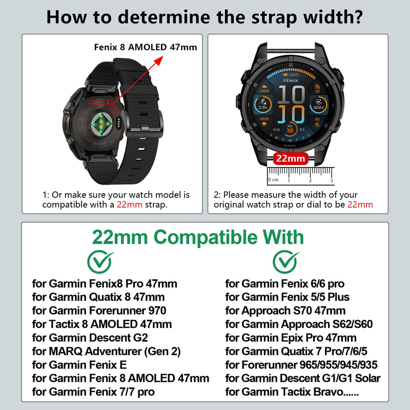 Nylon 22mm Bands Compataible with Tactix 8/Fenix 8 Pro AMOLED 47mm/7 Pro/7/6 Pro/6/5 Plus/5/Fenix E,Quickfit Sport Watch Strap for Quatix 8 7 Pro 47mm/Forerunner 970/965/955/945/Descent G2/G1 3pack1