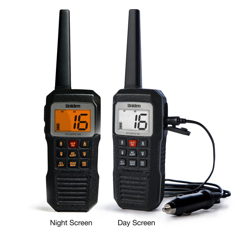 [AUSTRALIA] - Uniden Atlantis 155 Handheld Two-Way VHF Marine Radio, Floating IPX8 Submersible Waterproof, Dual-Color Screen, All USA/International/Canadian Marine Channels, NOAA Weather Alert, 10 Hour Battery 