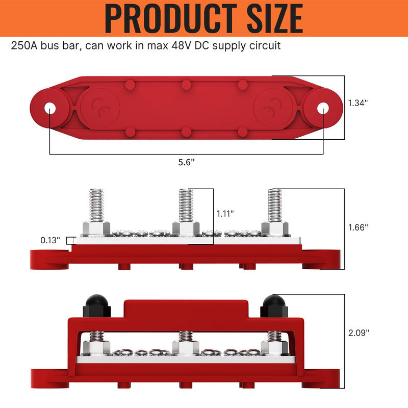 Joinfworld 250A 12V Bus Bar with Power Distribution Block 3 x 5/16" Studs Junction Block + Battery Disconnect Switch 12V-48V