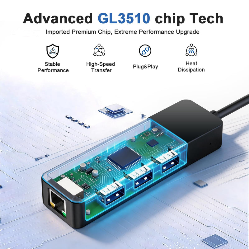 USB to Ethernet Adapter, 3xUSB 3.0 and 1000M RJ45 Network Hub for Laptop | 4-in-1 USB A Hub (Gigabit RJ45 & 3 USB-A ports) Plug & Play for Laptop/PC/MacBook/Surface/Dell XPS, Windows/Mac/Chrome OS 0.95FT -4 in 1 USB A to Ethernet Adapte