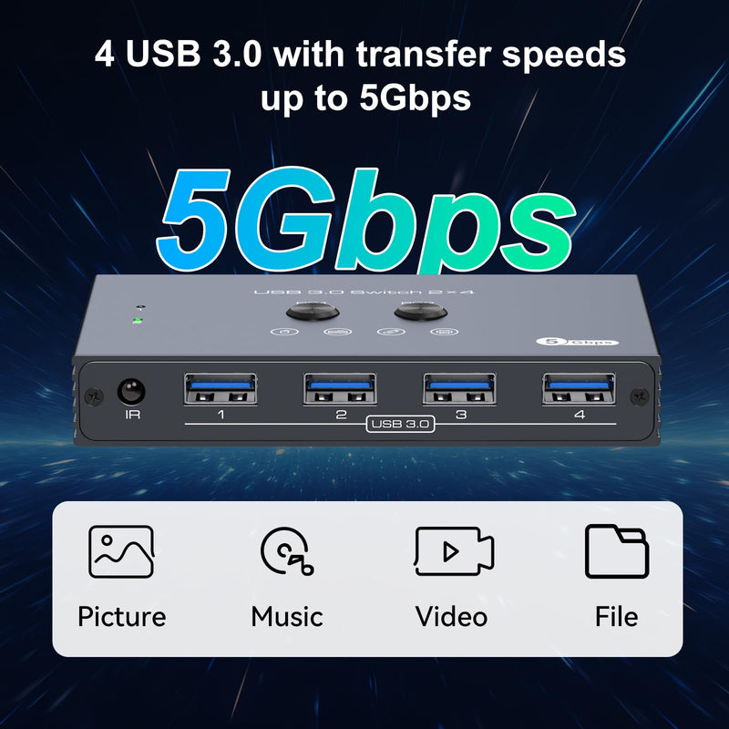 USB 3.0 Switch 2 Computers Share 4 USB Devices with IR Remote 4 Port Hub USB KVM Control 5Gbps Data Sharing for Keyboard Mouse Printer Scanner Deep gray