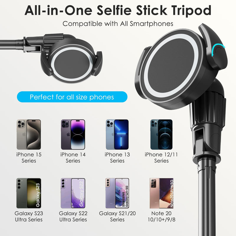 UBeesize 62'' Magnetic Selfie Stick Phone Tripod with Wireless Remote, Extendable Cell Phone Tripod Stand, Compatible with MagSafe, Cellphone Tripod for iPhone 15 14 13 12 Series and Android Phones