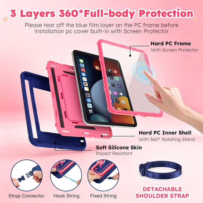 Kids Case for iPad (A16) 11th/10th Generation 10.9"/11" 2025/2022 Release | DJ&RPPQ With Screen Protector, Degree Fold Handle Stand, Shoulder Strap, Pencil Holder for ipad A16 case kids Navy Pink Pink Blue