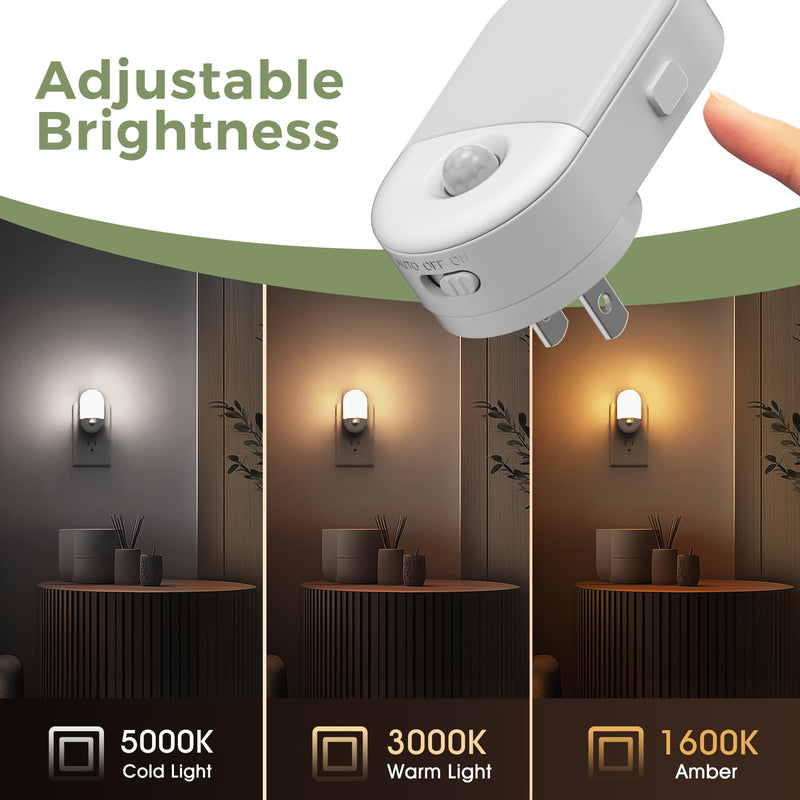 L LOHAS LED Motion Sensor Night Light, 4Pack, Motion Activated Night Light, Night Lights Plug into Wall, 3CCT Amber/3000K/5000K, Adjustable Brightness 30/60LM, for Kids Adults Bathroom Bedroom Amber-3000K-5000K 4