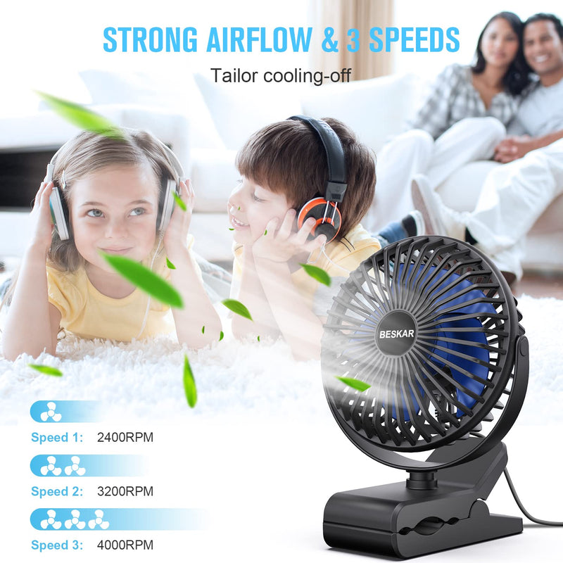 BESKAR USB Powered Clip on Fan, 6 Inch Portable Fan with Cord, 3 Speeds Strong Airflow, Small Fan with Sturdy Clamp, Quiet Personal Desk Fan & Clip Fan Black Blue Blades