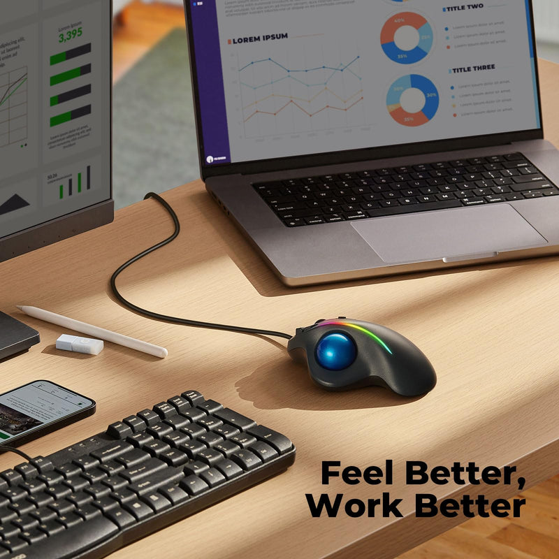 Wired Trackball Mouse with RGB Lighting, Ergonomic Thumb Control to Reduce Muscle Strain, 5 Adjustable DPI, Dual USB-C & USB-A Connectivity, Compatible with PC, Laptop, Mac, Windows-Blue A-Blue