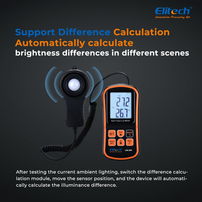 Elitech Digital Light Meter LM-200, Handheld Illuminance Meter with LCD Display, 200,000 Lux Range, Temperature Measurement