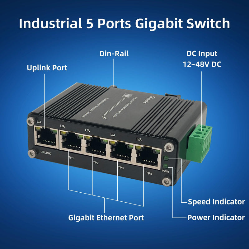 Mini Industrial 5 Port Gigabit Switch Ethernet Switch,Unmanaged Network Switch Ethernet Hub with 5 x RJ45 Port 10/100/1000Mbps,12~48VDC,Din-Rail, Wall Mountable LNK-IMC005G