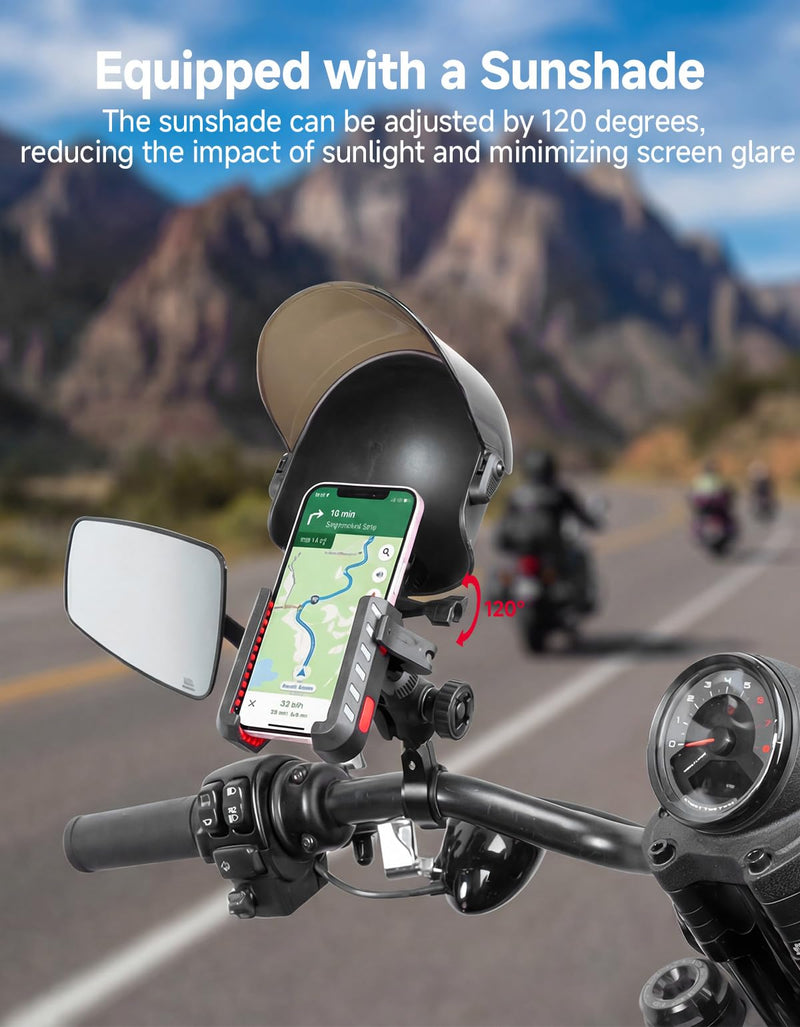 KEMIMOTO Motorcycle Phone Mount with Sun Hat, Fit for Bike, ATV, Scooter | 360° Adjustable Quick Release,Detachable Sun Shade, Anti-Vibration, Anti-theft Phone Holder Fits 4.7"-7.2" Smartphones