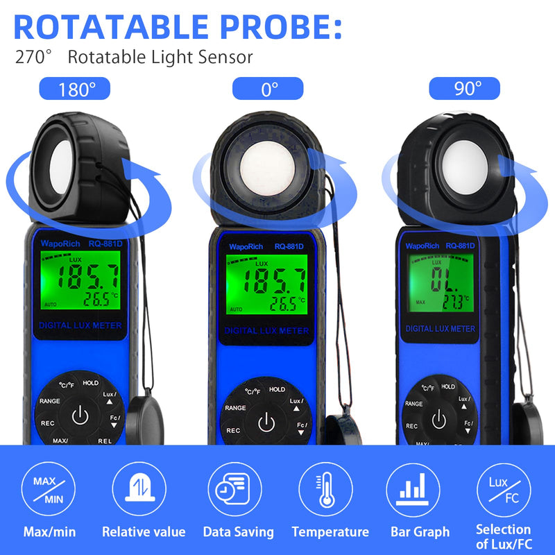 Digital Light Meter WapoRich RQ-881D Illuminance Tester w/Rotatable Sensor 1-400,000 Lux/FC for LED White Light, Plants, Photography, Home & Industrial Use