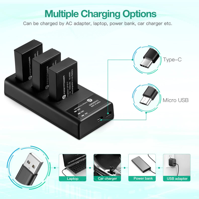 [AUSTRALIA] - FirstPower LP-E17 Battery 3-Pack and Triple Slot Charger for Canon EOS R50 R100 R10 R8 RP, Powershot V1, Rebel T8i T7i T6i T6s, SL2 SL3, EOS M3 M5 M6, M6 Mark II, 77D 200D 750D 760D 800D 8000D Camera 