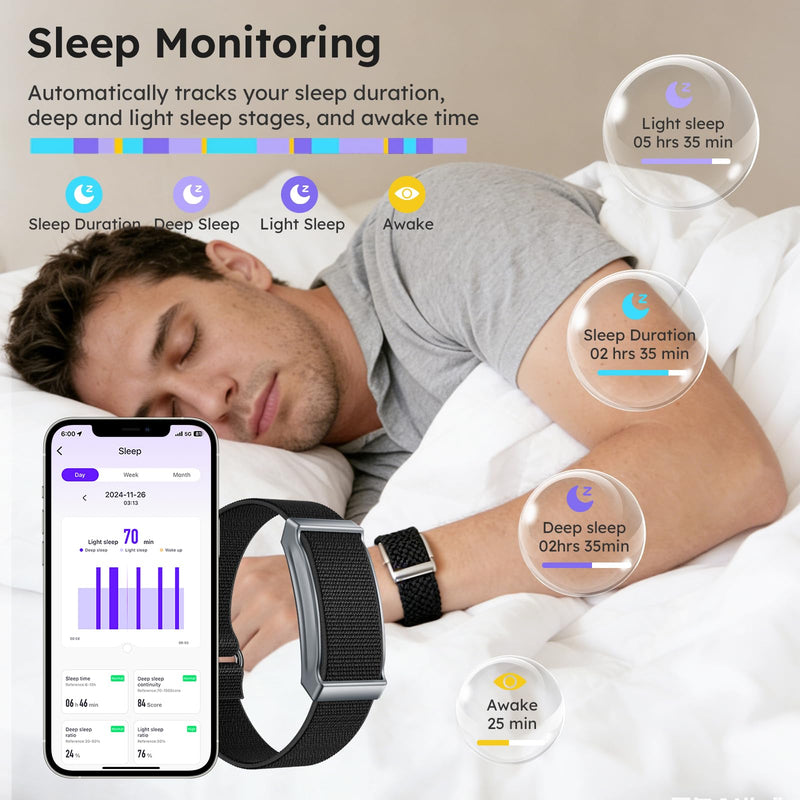 Smart Bracelet Health Wristband Fitness Tracker Heart Rate Monitor Sleep Tracker Step Counter Pedometer Multi Sport Modes Waterproof Wearable Activity Tracker, Free App, Silicone & Nylon Strap Black
