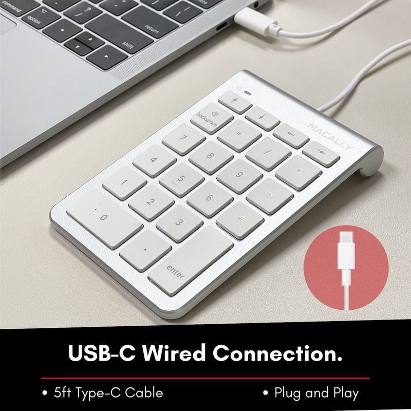 Macally Wired USB C Number Pad Keyboard - Type C Numeric Keypad for Laptop, Apple Mac iMac MacBook Pro/Air, Windows PC, or Desktop Computer - 10 Key USB Keypad Numpad with 5 Foot Cable - Silver