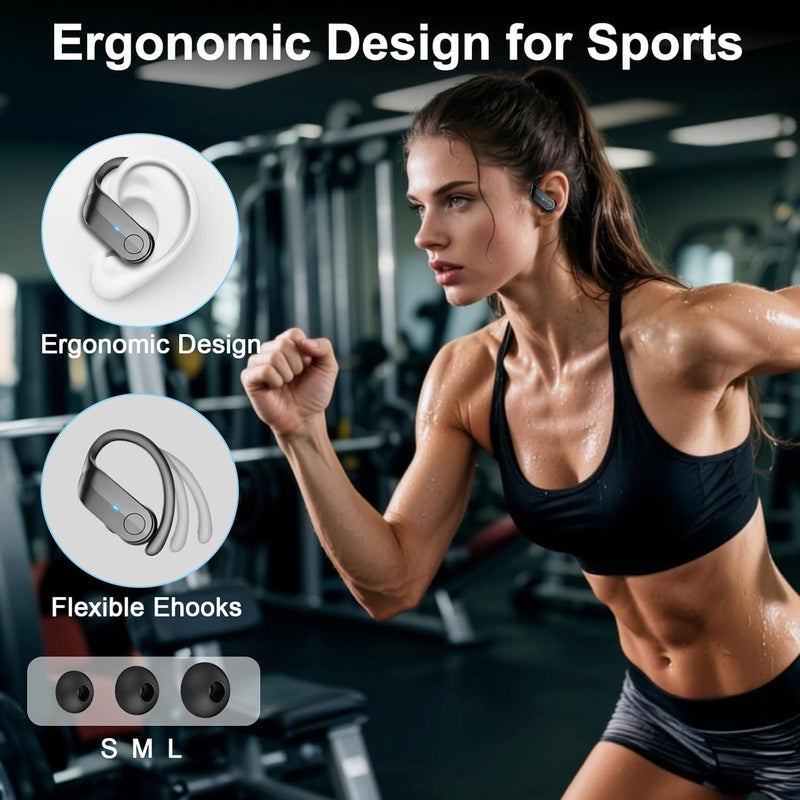 Ordtop Sport Wireless Earbuds with Earhooks, 70H Playtime, IPX8 Waterproof | Bluetooth 5.4, 4 ENC Microphones, Deep Bass Sound, LED Display, USB-C Fast Charging, Secure Fit For Running, Gym And Workouts Deep Black