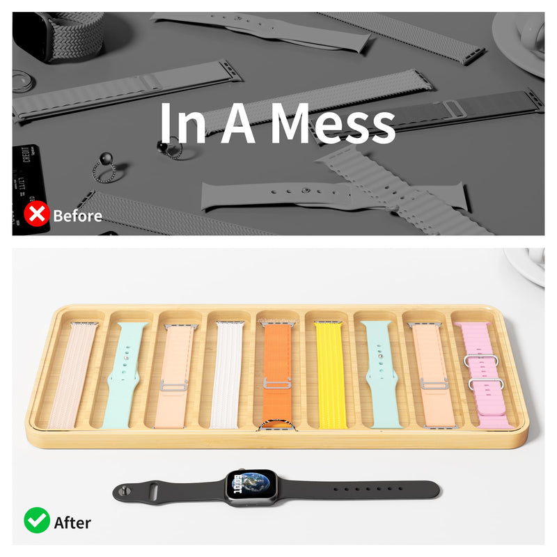 AFOOYO Wooden Watch Band Organizer - Works with All Apple Watch Bands - 9 Slots Display Watch Storage Case Tray with Acrylic Top Lid
