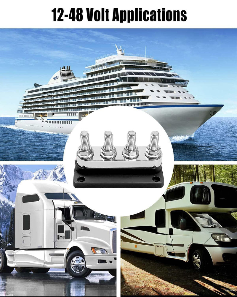 Marine Battery Bus Bar 12-48V 600A, M10 Studs Copper Terminal Block Black | Heavy Duty Power Distribution Block with Waterproof Cover, High Current Busbar for RV, Boat, Truck, Yacht and Trailer