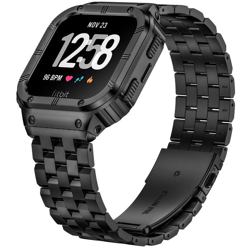 SUPLINK Stainless Steel Case & Band Compatible with Fitbit Versa 4/3/2/Lite/Sense 2/Sense Watch Bands, Men, Protector Cover Strap, Black&Gold