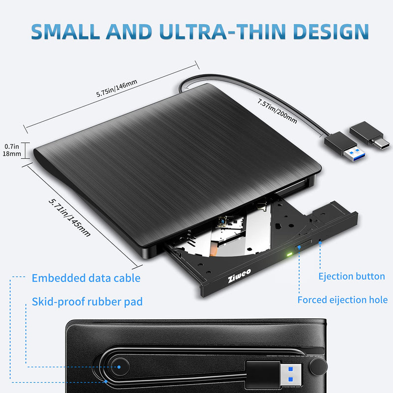 Ziweo External CD DVD Drive, Portable USB 3.0 Type-C CD Burner CD +/-RW Drive DVD Player for ROM Rewriter Burner Compatible with Laptop Desktop PC Windows MacBook Linux Mac OS Upgrade Black