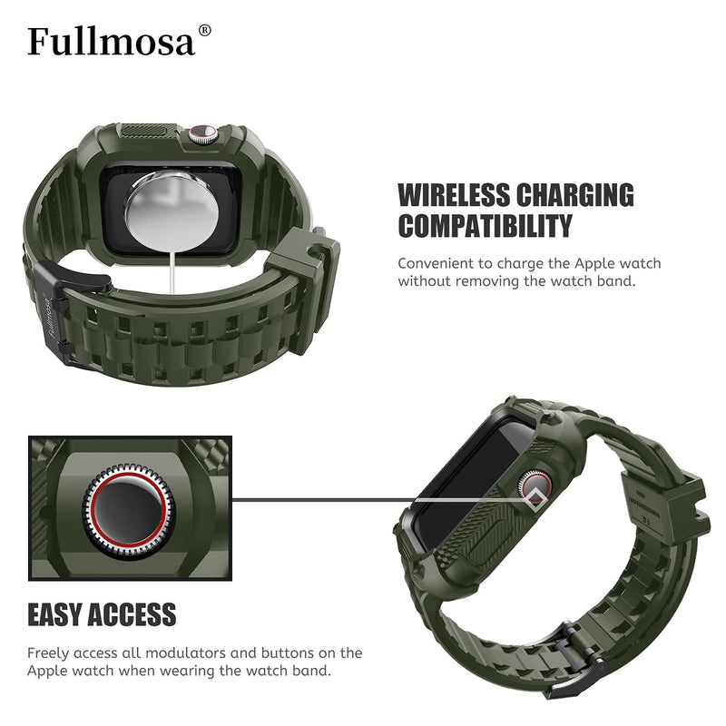 Fullmosa Compatible Silicone Apple Watch Band 45mm Army Green with Case & Compatible Metal iWatch Band with case 45mm,Black