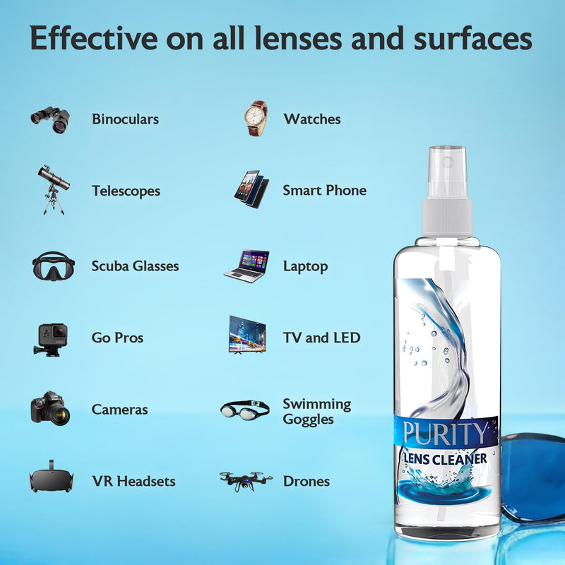 Purity Eyeglass Lens Cleaner Kit - 2 x 8oz and 1 x 2oz Lens Cleaner Spray Bottle + 2 Microfiber Cleaning Cloths - Safe for All Lenses (AR Coated Included), Eyeglasses and Screens - Clear 8oz x 2oz Lens Spray + 2 Microfiber Cloth