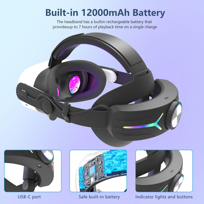 RGB Light Head Strap with 12000mAh Battery for Meta Quest 3/3s_Black | 18W Quick Charge for Extended 4-6 Playtime Comfortable Fit – Elite Replacement Strap with Balanced Weight Black-1