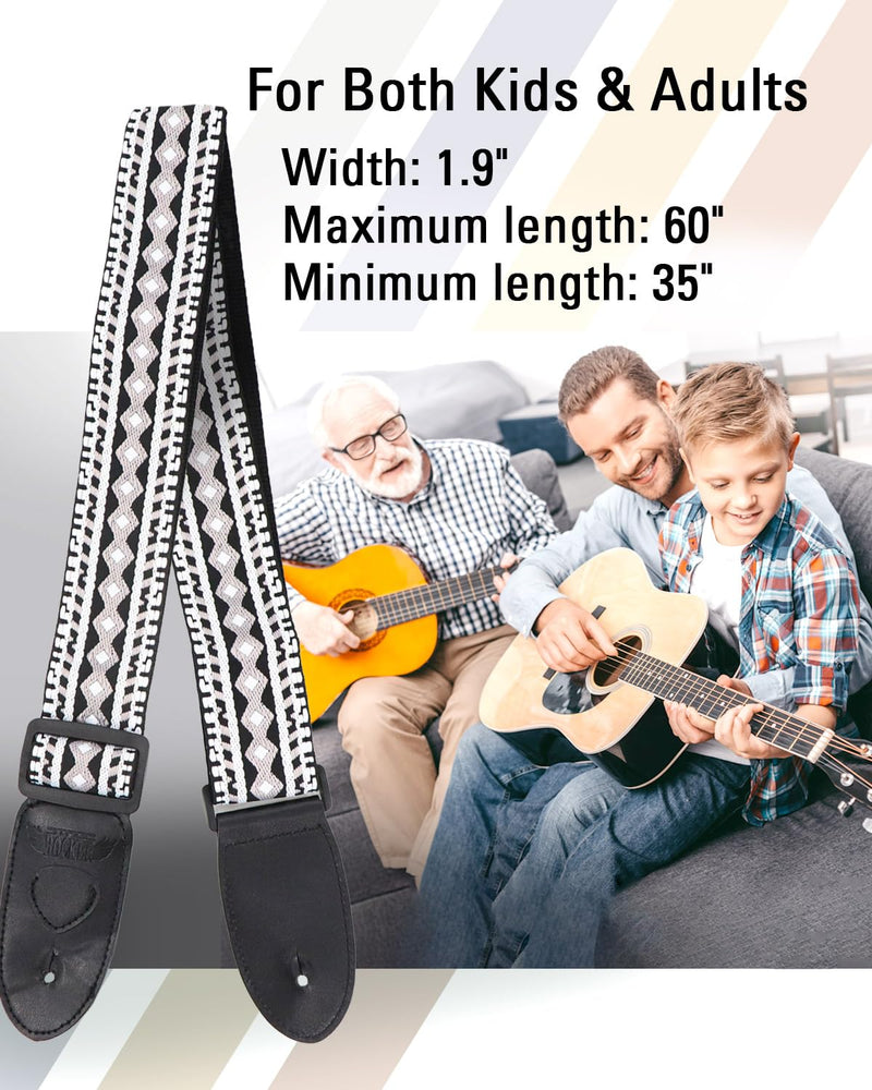 Guitar Accessories Gift Box for Acoustic and Electric Guitars, Black & White Jacquard Weave Guitar Strap, Picks, Capo, Tuner, Cleaning Cloth, 5-in-1 Essential Gift