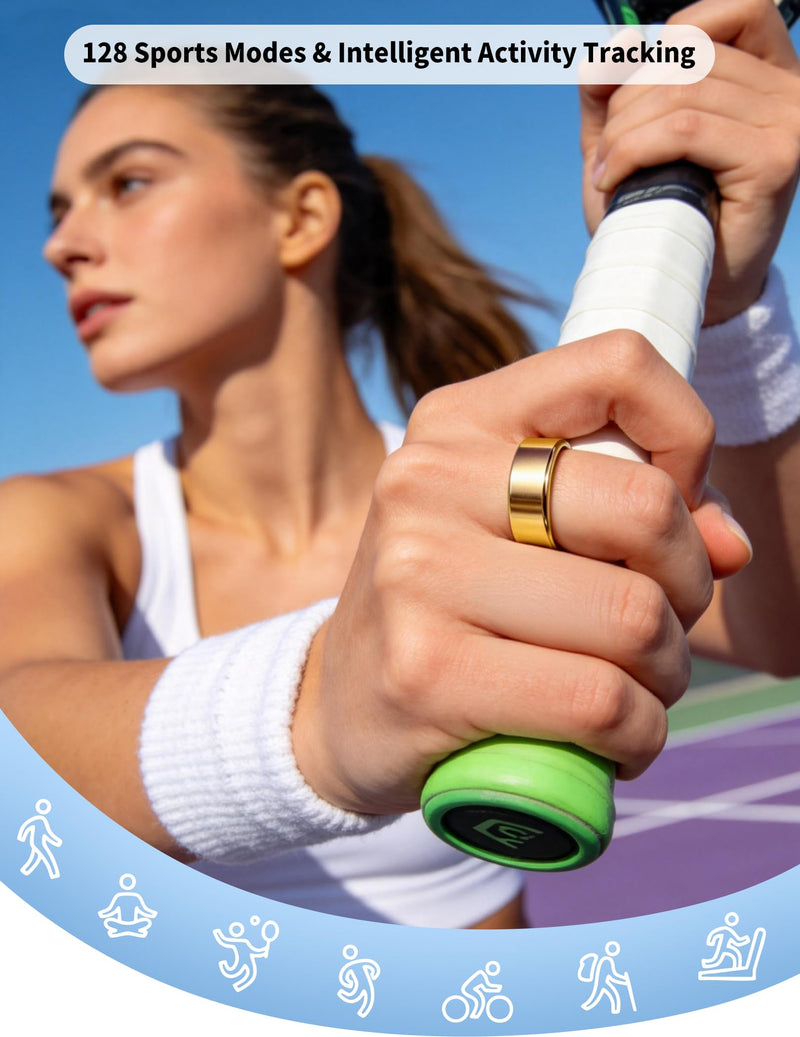 Smart Ring for Women Men Fitness Tracker Heart Rate Sleep Trends 128 Sports Modes Gesture Control Cycle Tracking IP68 Waterproof No Subscription Compatible with iPhone Android (Gold, Size 11)