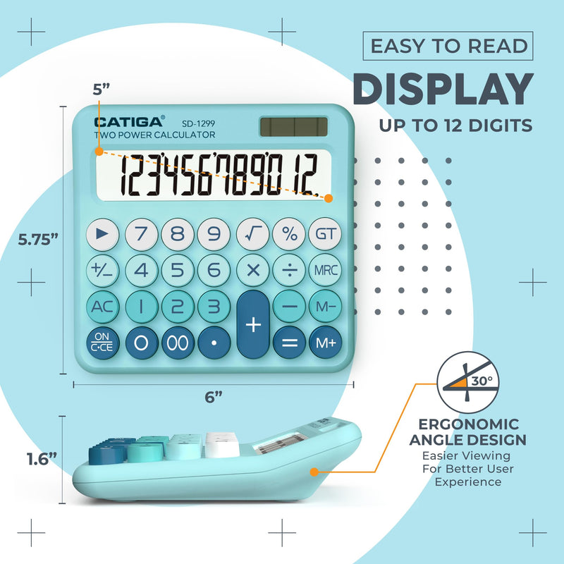 CATIGA Mechanical Switch Calculator with Solar and Battery Dual Power, 12-Digit Large LCD Display, Aesthetic and Cute Desktop Calculator with Big Button, for Home, School and Office Use, SD-1299 Aqua Blue