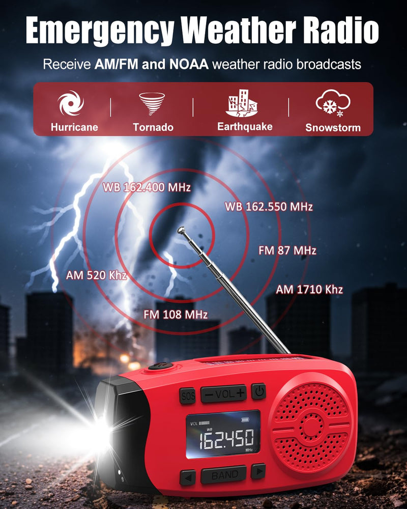 Runningsnail Emergency Weather Radio, 7400mWh Hand Crank Emergency Radio with LCD Display, Support Weather Alert Radio, USB/Solar/Hand Crank, 1W Flashlight & SOS Alarm for Outdoor & Home Emergency Red