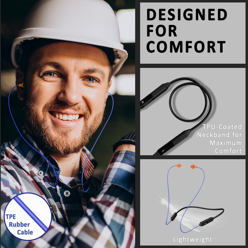 Bluetooth Work Headphones, 29 dB Noise Reduction, 30H Playtime | Neckband Wireless Safety Earplugs, OSHA Compliant, IPX5 Sweatproof, Hearing Protection for Noisy Workplace, Light & Comfy Blue TPE