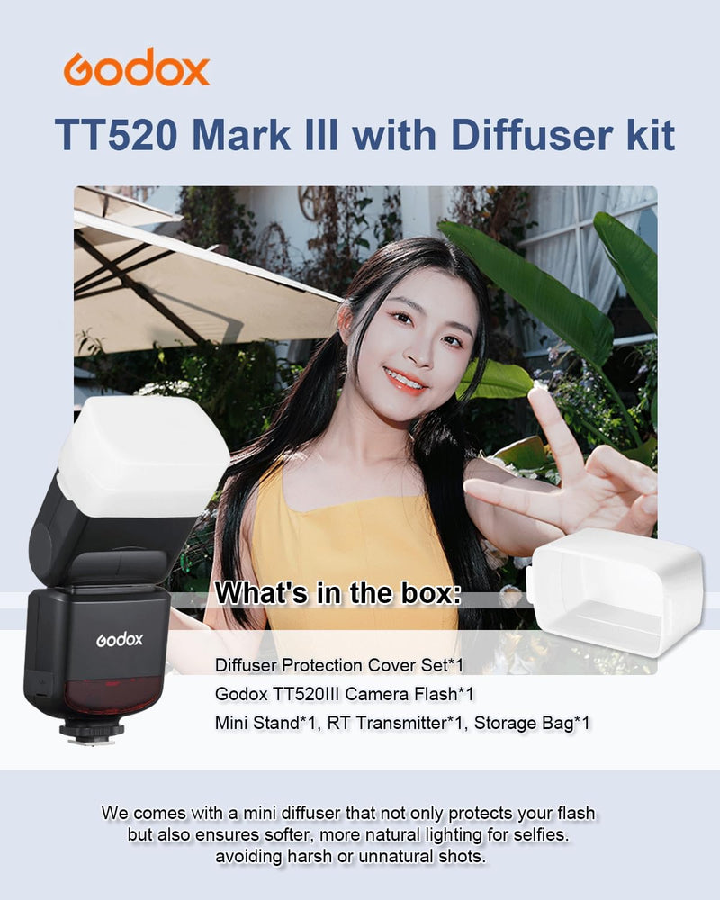 Godox TT520III Universal Bounce Flash Kit with Diffuser for Canon, Nikon, Sony, Fuji, Olympus Single-Contact Hot Shoe Cameras, 433MHz Wireless Speedlite, GN33, 400 Flashes, S1/S2 Optical Slave Modes Flash with trigger & diffuser kit