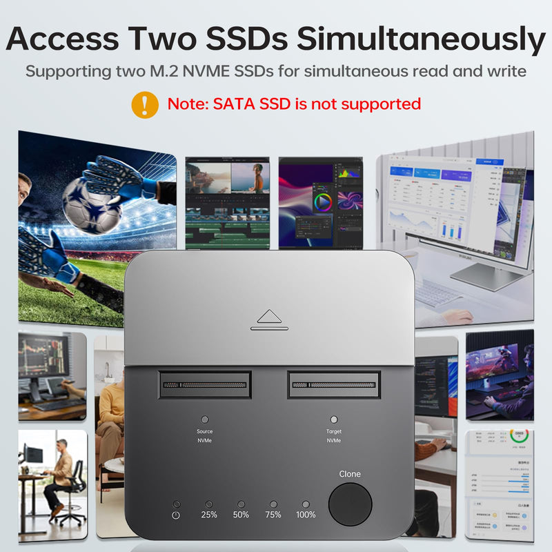 SSK M.2 SSD Cloner NVMe Duplicator Dual Bay Dock NVMe Enclosure Reader | For M Key PCIe NVMe Enclosure, 20Gbps USB3.2 Gen 2X2, Offline Clone Function, UASP Supported, Plug & Play, Tool Free