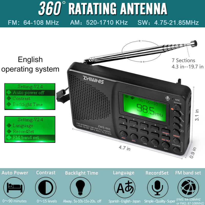 [AUSTRALIA] - ZHIWHIS Portable Bluetooth Radio, FM AM Shortwave Radios with Sleep Timer and Preset Function, Rechargeable Digital Recorder, Stereo MP3 Player with Lyric Display, Support Micro SD Card and AUX ZWS-603 (green backlight) 