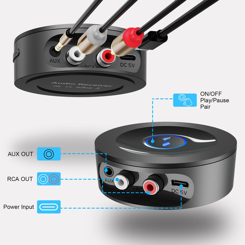 [AUSTRALIA] - Bluetooth 5.2 Receiver for Home Stereo, RCA & 3.5mm AUX Out Put, Wireless Audio Adapter for Stereo Receiver&Amplifier, Low Latency HiFi Music Streaming 
