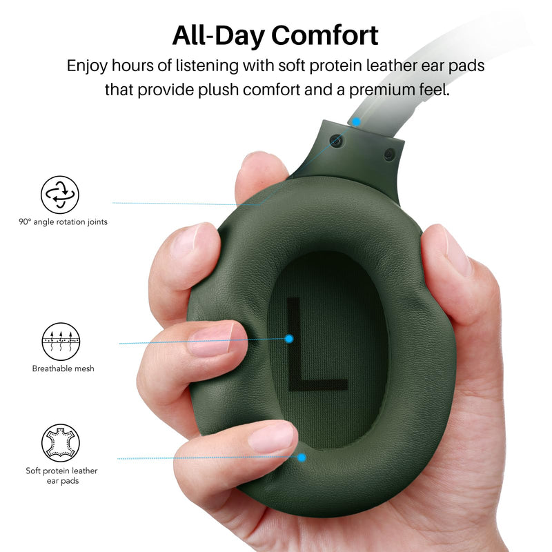 TOZO HT3 Hybrid Noise Cancelling Wireless Headphones, 90H Over Ear Headset | Hi Res Audio, AI Voice Assistant, Dual Device Connection, 32 Custom EQs, Built In 5 Mics, ANC, Foldable with Case Matte Green Headphones with Case