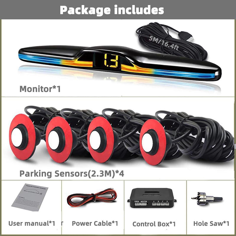 Car Parktronic Parking Built-in Plane Sensors Rear Reversing Radars System with 4 Sensors LED Light Distance Display Warning Buzzer Distance Detection White