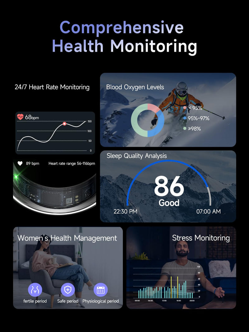 Smart Ring for Women Men, Health Ring with Colorful Display, Fitness Tracker with Heart Rate, Blood Oxygen, Sleep Monitor, No Subscription Fee, 5ATM Waterproof for iPhone & Android (Rose Gold, 12) Rose Gold